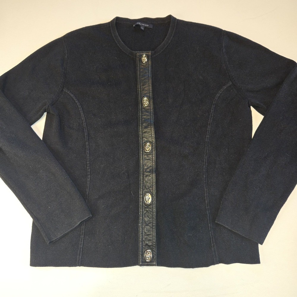 Anne Klein Black Button Up Cardigan‎ Sweater with Leather Placket Women's Size L